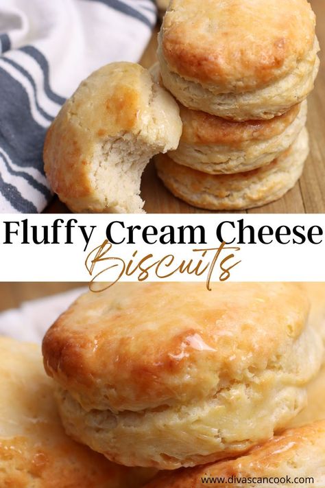 Cream cheese in the dough makes these from-scratch buttermilk biscuits so fluffy, thick, and tender! The perfect biscuit to enjoy, plain or smothered in gravy! Biscuits With Buttermilk, Cream Cheese Biscuits, Homemade Cream Cheese, Cream Cheese Bread, Southern Biscuits, Make Cream Cheese, Southern Recipes Soul Food, How To Make Biscuits, Buttermilk Recipes