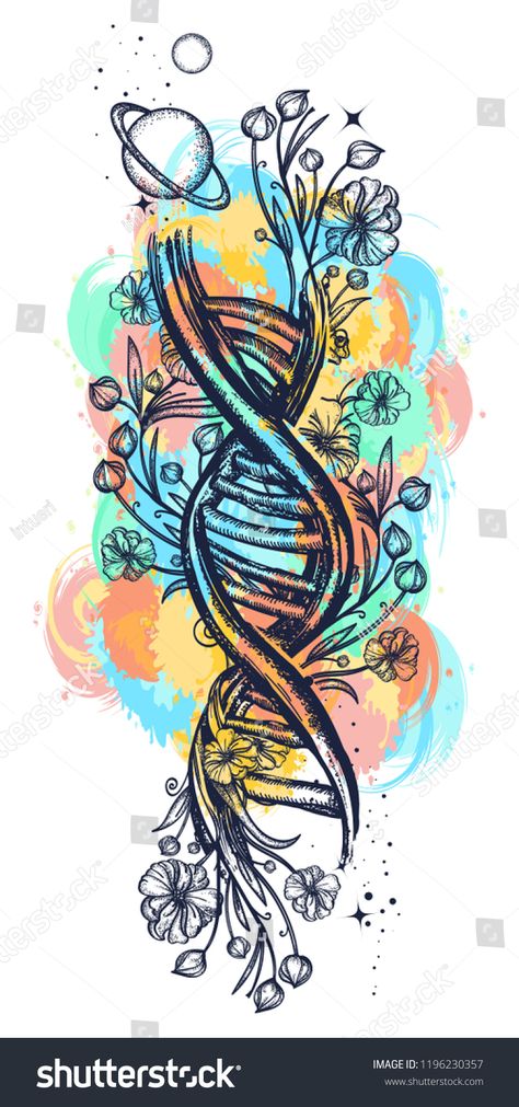 Sketch Watercolor Tattoo, Dna Painting Art, Science Spine Tattoo, Science Art Painting, Dna Strand Tattoo Design, Plant Medicine Tattoo, Dna Family Tattoo, Science Inspired Art, Dna Helix Art