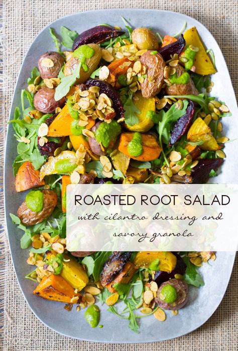 Roasted Root Vegetables Salad - With Cilantro Dressing and Savory Spiced Granola. Coriander Dressing, Salad Cilantro, Spiced Granola, Roasted Root Vegetable Salad, Root Salad, Root Vegetable Salad, Salad Sayur, Savory Granola, Veg Salad