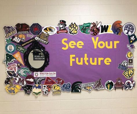 Class Art Bulletin Board, Small School Counselor Office Ideas, Classroom Inspo High School, Middle School Hallway, Guidance Bulletin Boards, College Bulletin Board, Career Bulletin Boards, Graduation Bulletin Board, School Counselor Bulletin Boards