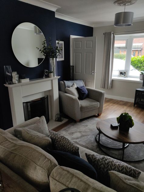 Sapphire Living Room Decor, Living Room Navy And Grey, Sapphire Blue Living Room, Dulux Sapphire Salute Living Rooms, Grey Navy Blue Living Room, Navy Lounge Ideas, Sapphire Salute Bedroom, Modern Cozy Decor, Sapphire Salute Living Room