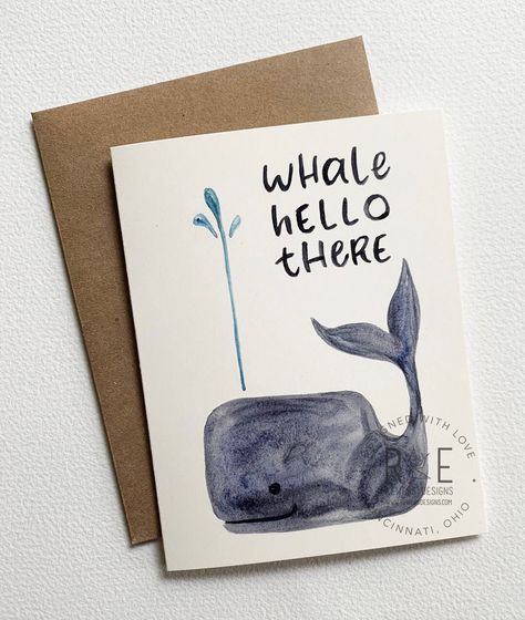 "A fun card to just say hi to someone! The front image shows a hand painted watercolor illustration of a whale, spouting water accompanied by the greeting, \"Whale Hello There\".  **Watermark on image will NOT print. The inside is left blank for your thoughts. 4.25\"x5.5\" presentation. Thick stock paper. Brown kraft envelope included. Comes in a clear cellophane bag. Thank you for supporting handmade! Need more than 1? Contact me! I am happy to sell these in bigger quantities, and will adjust t Diy Cards Thank You, Handmade Postcards, Watercolor Postcards, Diy Postcard, Punny Cards, Watercolor Postcard, Learn Watercolor, Karten Design, Hello Cards