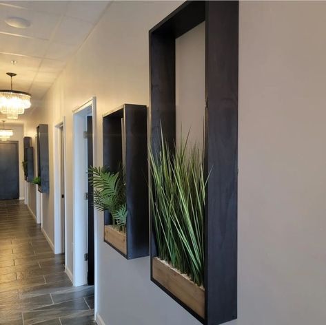 Indoor Plant boxes Coffee Shop Plant Wall, Plant Boxes Indoor, Business Entryway Ideas, Wall Cubby Decor, Plant Wall Living Room, Huge Wall Decor Ideas, Plant Wall Ideas Indoor, Office With Plants, Indoor Planter Box