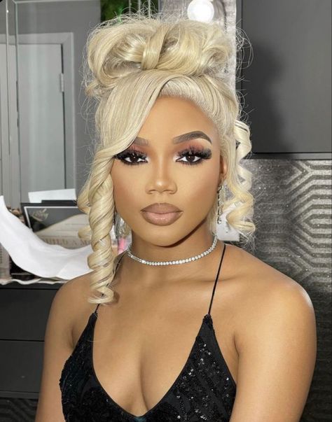 Updo Styles With Wigs, Prom Hairstyles Up Bun, Updo Frontal Styles, Prom Hair Updo Bun, Blonde Hair Styles Updo, Blonde Hair Makeup Black Women, Blonde Updo Black Women Prom, Lace Frontal Updo Hairstyles, Black Dress With Blonde Hair