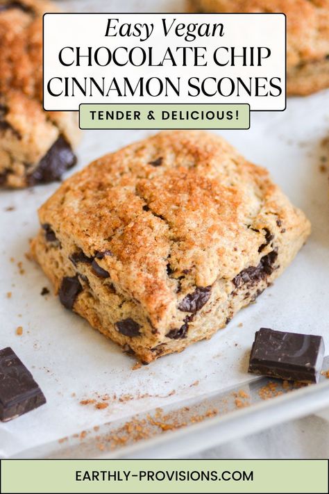 These Vegan Chocolate Chip Cinnamon Scones are an easy and delicious vegan brunch recipe! These scones are full of cinnamon and chocolate and are topped with a sprinkle of crunchy cinnamon sugar. They are dairy free, eggless and completely vegan! Quick Desserts Vegan, Vegan Breakfast Baked Goods, Vegan Breakfast Pastry Recipes, Vegan Breakfast Quick, Vegan Scones Recipe, Vegan Baked Goods, Fluffy Scones, Scones Vegan, Dessert Person