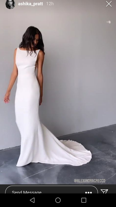 Clean Minimalist Wedding Dress, Plain Wedding Dress High Neck, Open Back Wedding Dress High Neck, Classic Sleeved Wedding Dress, Minimal Classy Wedding Dress, Straight Sheath Wedding Dress, Boat Neck Open Back Wedding Dress, Mackenzie Grimsley Wedding, High Boat Neck Wedding Dress