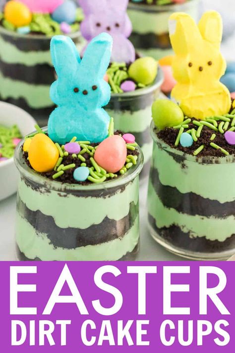 These adorable Easter Dirt Cake Cups are the perfect spring time treat. A festive bunny Peep tops layers of pudding, whipped cream, and crushed Oreos that no one will be able to resist! #Easter #dirtcake #dessert #peeps belleofthekitchen.com Dirt Cake Dessert, Dirt Cake Cups, Peeps Dessert, Easter Dirt Cake, Belle Of The Kitchen, Pudding Whipped Cream, Oreo Dirt Cake, Dirt Dessert, Peeps Recipes