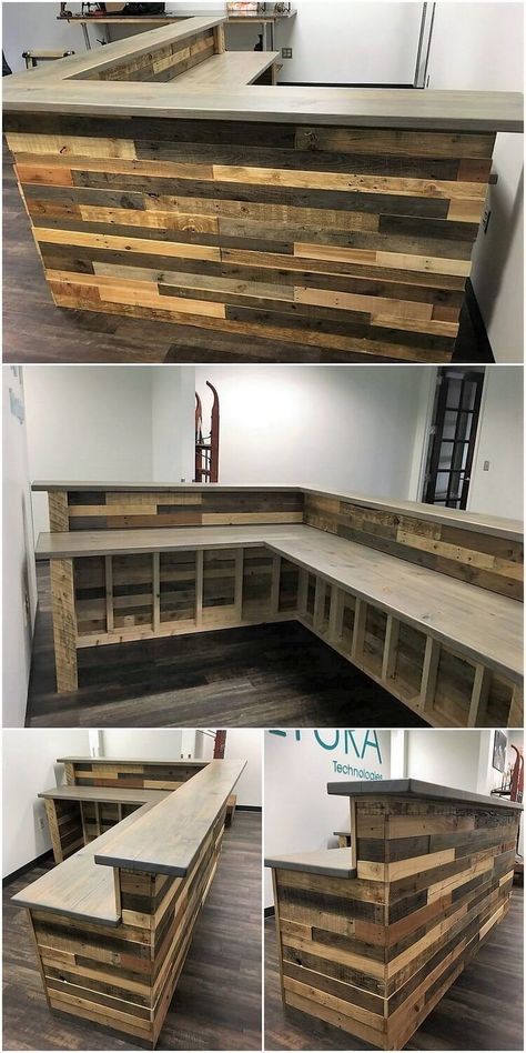 Working Garage, Desk Woodworking, Pallet Desk, Pallet Bar Diy, Bar In Casa, Diy Home Bar, Basement Bar Designs, Pallet Bar, Home Bar Designs