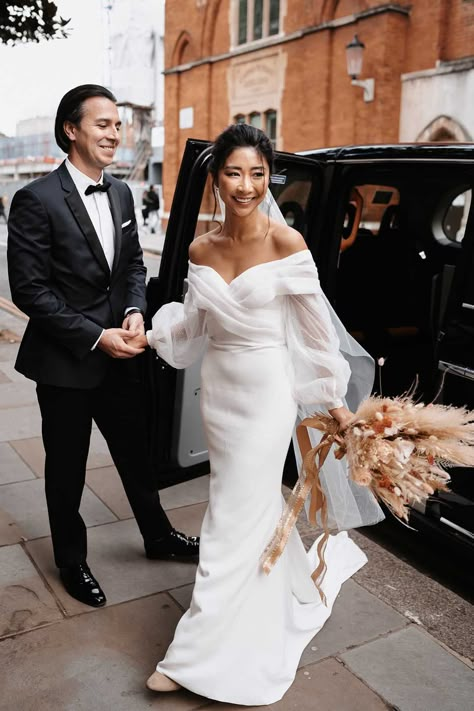 Groom in a black tux with a bow tie and Bride in simple off the shoulder wedding dress with chiffon puff sleeves | Lynn Shapiro Photography Dried Floral Bouquet, Eva Lendel, My Dream Wedding, Minimal Wedding Dress, Bow Wedding Dress, Unconventional Wedding, Surprise Wedding, Maid Of Honour Dresses, Minimal Wedding