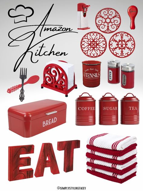 Amazon Home Red And Black Kitchen Decor, Kitchen Decor Amazon, Red And Black Kitchen, Amazon Kitchen Decor, Red Kitchen Accessories, Farmhouse Kitchen Wall Decor, Kitchen Vibes, Vintage Kitchen Canisters, Kitchen Hot Pads