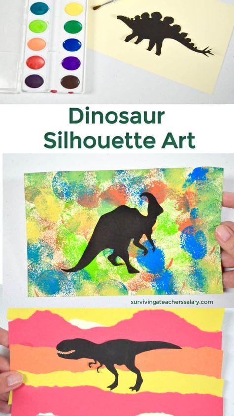 4 Dinosaur Art Activities for Kids - Silhouette Sensory Idea Dinosaur Art Activities, Dinosaur Art Projects, Dinosaur Crafts Preschool, Dino Craft, Dinosaur Lesson, Dinosaur Theme Preschool, Dinosaur Activities Preschool, Dinosaurs Preschool, Dinosaur Silhouette