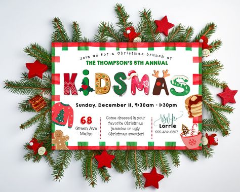 This adorable "Kidsmas" Kids Christmas party invitation can be downloaded instantly and edited seamlessly to suit your needs. Perfect for your kids holiday party this year! Send digitally or print and hand deliver! What's included in your order:  * One 5"x7" DIGITAL invitation download - all text EXCEPT "KIDSMAS" and "rsvp" can be edited on Corji Purchase - Edit - Download - Print (or send digitally)!   You can edit these and use as many times as you need! Kids Christmas Party Invite, Kids Christmas Party Invitations, Kidsmas Party, Kids Xmas Party Ideas, Christmas Party Themes For Kids, Kids Holiday Party Ideas, Christmas Party Invitations Ideas, Toddler Christmas Party, Kid Christmas Party