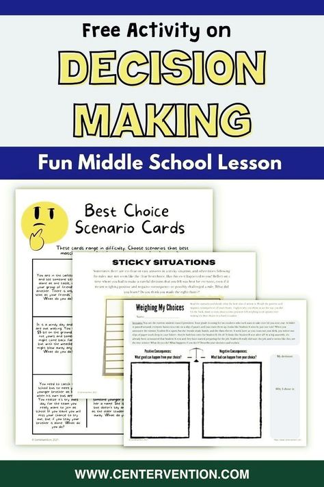 Help students with responsible decision making with this free lesson. Increase impulse control, empathy, and social skills. Includes a free "weighing the consequences" worksheet, "good choices" poster, and "best choice" scenario cards. Perfect for middle school counselors but can be used for elementary school counselors as well. SEL Activities | Social Emotional Learning Activities Anger Management Activities For Middle School, Middle School Anger Management Activities, Responsible Decision Making Activities, Responsibility Lessons, Decision Making Activities, Counselor Activities, Behavior Classroom, Emotional Learning Activities, Sel Activities