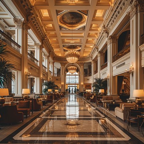 Elegant Hotel Lobby: A luxurious hotel lobby with grand columns, opulent chandeliers, and plush seating welcomes distinguished guests. #elegance #luxury #hotel #lobby #chandelier #marble #columns #grand #aiart #aiphoto #stockcake https://ayr.app/l/RxuW Hotel Lobby Double Height, Reception Aesthetic Hotel, Hotel Building Aesthetic, Fancy Hotel Lobby Aesthetic, Fancy Hotel Interior, Large Lobby Design, Beautiful Hotel Lobby, Hotel Lobby Design Luxury Classic, Hotel Event Space