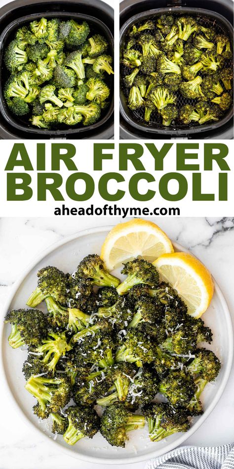 If you own an air fryer, you know that almost anything can be made faster and even more delicious with the power of air frying— especially broccoli! Crispy air fryer broccoli is a healthy side dish that complements any main course so well. It's seasoned with garlic powder, Italian seasoning, and salt, which packs on so much flavor. The best part? This quick and easy side takes only takes six minutes to cook. When it comes to last-minute recipe ideas, air fryer broccoli is...  via @aheadofthyme Broccoli Air Fryer Recipes, Air Fryer Broccoli, Vegetable Side Dishes Healthy, Potluck Ideas, Thanksgiving Food Sides, Lunch Prep, Thyme Recipes, Side Dishes For Chicken, Healthy Side Dish