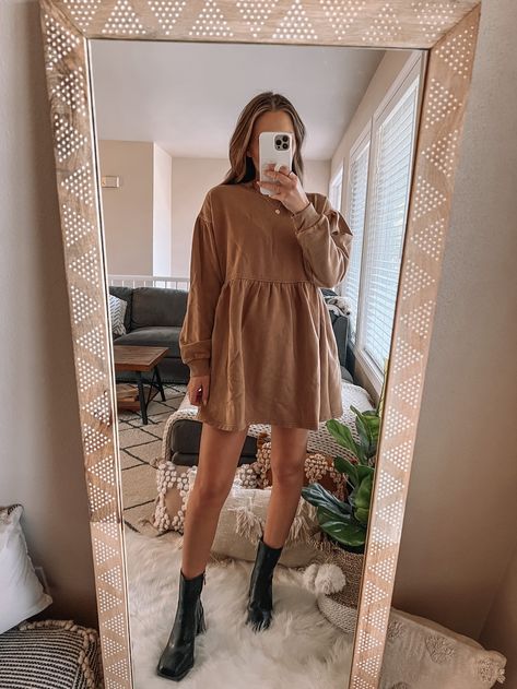 Babydoll Long Sleeve Dress, Long Sleeve Baby Doll Dress, Long Sleeve T Shirt Dress, Fall Long Sleeve Dress, Babydoll Dress Long Sleeve, Long Sleeve Fall Dress Casual, Fall Church Dress, Babydoll Dress Outfit Fall, Casual Fall Dress Outfit