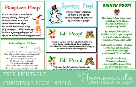 Reindeer Poop and other Christmas Poop printable labels from Homemade-Gifts-Made-Easy.com Elf Poop Printable Free, Reindeer Poop Printable Free, Snowman Poop Printable Free, Grinch Poop Printable Free, Christmas Gag Gifts, Santa Package, Snowman Poop, Reindeer Poop, Santa Experience