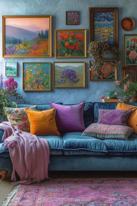 Powder Blue Couch Living Room, Victorian Meets Mid Century Modern, Odd Furniture Home Decor, Cool Color Living Room, Living Room Designs Maximalist, Bring Outside Inside Decor, Colorful Moody Living Room, Colorful Vintage Interior, Colourful Eclectic Interiors