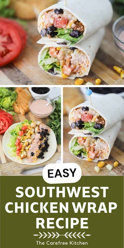 This quick and easy Southwest Chicken Wrap recipe makes the perfect grab-and-go lunch or easy dinner. Each wrap is filled with crispy breaded chicken and flavorful southwestern-inspired ingredients along with a tangy Southwest Ranch Dressing. #thecarefreekitchen #chicken #wrap #crispychicken #southwest #ranchdressing #lunch #easydinner #30minutemeal #mealprep Southwest Wrap Chicken, South West Chicken Wraps, Southwest Chicken Wraps Recipes, Santa Fe Wraps, Italian Chicken Wrap, Southwest Turkey Wrap, Chicken Wrap Ideas Healthy, Ranch Chicken Wraps Tortillas, Santa Fe Chicken Wrap