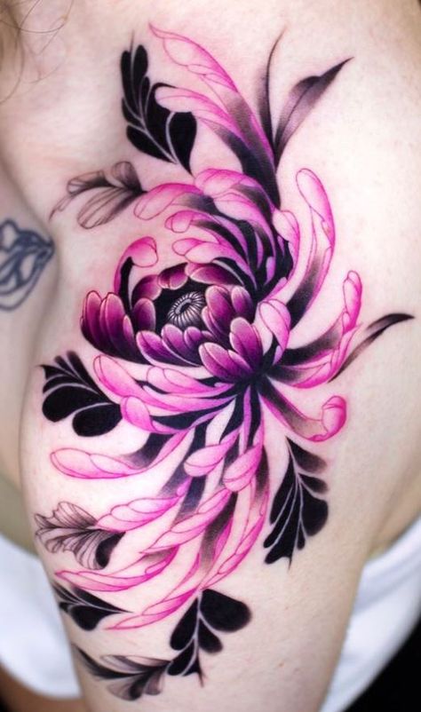 Japanese Flower Tattoo Color, Chrysanthemum Flower Tattoo Color, Crysanthemum Tattoo Colored, Japanese Flower Tattoos For Women, Chrissanthamum Flower Tattoo, Japanese Traditional Chrysanthemum, Pink Chrysanthemum Tattoo, Chrysanthemum Tattoos For Women, Color Chrysanthemum Tattoo