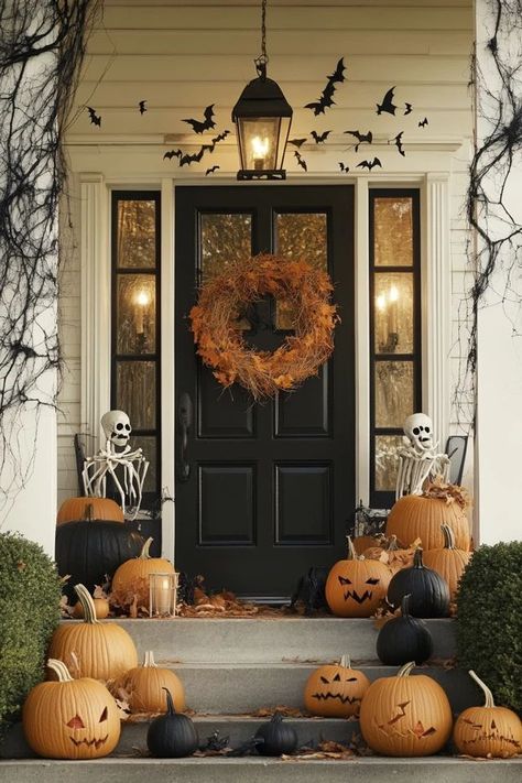 "Elevate your home's Halloween game with Spooky Front Porch Decor! 🎃👻 Perfect for those who love to go all out with their spooky displays. 🌟✨ #HauntedPorch #HalloweenInspiration #SpookyDecor" Classy Diy Halloween Decor, Outdoor Halloween Patio Ideas, Better Homes And Gardens Halloween, Exterior Home Halloween Decor, Front Step Pumpkin Decor, Halloween Decor For Front Door, Fun Halloween Porch Ideas, Classic Halloween Front Porch, Aesthetic Halloween Outdoor Decor