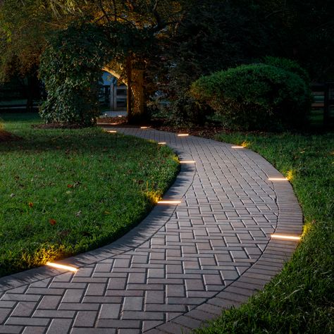 Tru-Scapes Paver Lights | LED - Outdoor Paver Lights | Offered by Belgard Paver Walkway Ideas, Pavers Walkway, Hardscape Lighting, Porch Art, Paver Path, Paver Lights, Pavement Design, Pavers Backyard, Paver Designs