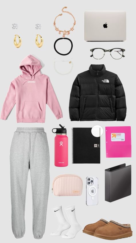 Winter school outfit Cute Winter Outfits Sweatpants, Winter Back To School Outfits, First Day Of School Outfit Winter, Shuffles School Outfits, Warm Outfits For Winter School, Cute Outfits Winter School, Cute Winter Fits For School, Winter School Outfits Cold Comfy, Cute Outfits For School Winter