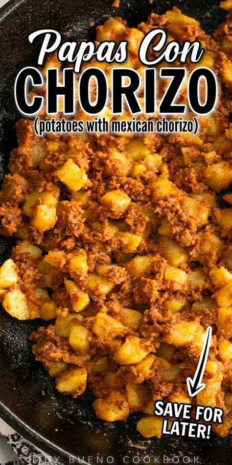 Papas con chorizo is a go-to classic Mexican breakfast. Requiring just two ingredients and absolutely jam-packed with flavor, this is a recipe you need in your meal rotation. It is also incredibly versatile, perfect for filling tacos, tortas, gorditas, and burritos, and for topping sopes, tostadas, and more. Try it out for a perfect lunch or dinner meal! Bueno Recipes, Chorizo Recipe, Chorizo And Potato, Meal Rotation, Chorizo Recipes, Homemade Mexican, Mexican Breakfast, Breakfast Tacos, Mexican Food Recipes Authentic