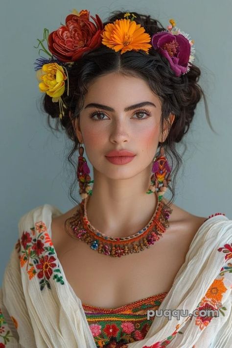 Flamenco Style Fashion, Boho Mexican Outfit, Mexican Bride Hairstyle, Mexican Braids Hairstyles, Mexican Wedding Hair, Traditional Mexican Hairstyles For Women, Mexican Make Up, Mexico Makeup Look, Mexican Makeup Look Traditional