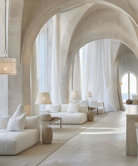 Goddess Living Room, Mediterranean Arches, Mediterranean Minimalist Interior, Dream House Aesthetic, Bohemian Luxe, Zen House, Beautiful Interior Design, Home Building Design, Elegant Interiors