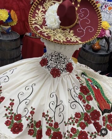 Red And White Quinceanera Dresses, Charro Dress, Red Quinceanera Ideas, White Quinceanera Dresses, Vestido Charro, Mexican Quinceanera, Quinceanera Dresses Gold, Quinceanera Themes Dresses, Mexican Quinceanera Dresses