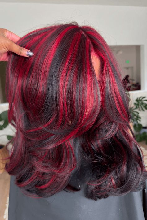 red highlights, vibrant hair, hair color ideas Red Hair With Black Chunky Highlights, Red Hair Black Streaks, Dark Red Chunky Highlights, Red Streaks In Hair, Red Hair With Black Underneath, Curly Hair Red Highlights, Chunky Red Highlights, Black Hair With Red Streaks, Black Hair Red Tips