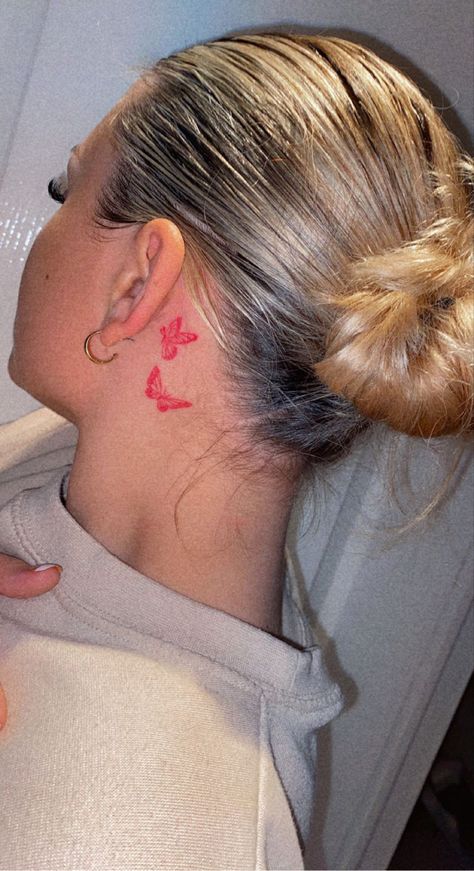 Red Butterflies Behind Ear Tattoo, Red Ink Behind Ear Tattoo, Behind Ear Tats Red, Behind The Ear Tattoo Heart, Red 444 Tattoo Behind Ear, Angle Number Tattoo Behind Ear, Angel Number Ear Tattoo, Behind The Ear Tattoo Ideas Red, 444 Tattoo Ideas Behind Ear