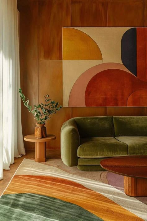 Minimal Bohemian Interior, Modern Pop Living Room, Tv Wall Design Mid Century Modern, Retro Interior Design 1970s Modern, Pnw Living Room, Mid Century Modern Living Room Green, Mid-century Modern Art, 70s Minimalism Interior, Colorful Mcm Living Room