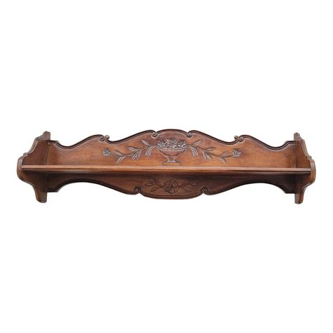 Large 47 inches Vintage, hand Carved Walnut French Wall Shelf. Numbered item made in France exclusively for Bloomingdale in the 1960s. Very good vintage condition Measures 47.25"w x 8.5"D x 13.5"H. Easy Wood Shelf, Vintage Shelving Ideas, Victorian Wall Shelves, Wood Carved Furniture, Victorian Wall Shelf, Vintage Shelves Decor, Whimsigoth Shelf, Vintage Wood Shelf, Vintage Floating Shelves