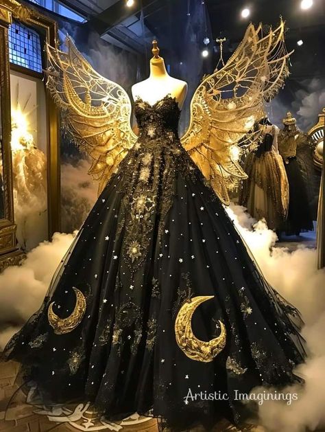 Angel Wedding Dress Wings, Space Themed Dress Met Gala, Celestial Wedding Dress Black, Fantasy Ball Gowns Goddesses, Halloween Ballgown, Mystical Dresses Fairytale, Celestial Ball Gown, Dark Fantasy Gown, Moon Goddess Dress