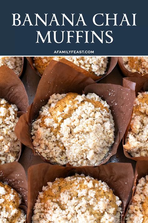 Banana Chai Muffins - A Family Feast® Healthy Chai Muffins, Spiced Banana Muffins, Chai Banana Muffins, Chai Muffins Recipe, Chai Pumpkin Muffins, Banana Nut Oatmeal Muffins, Chai Muffin Recipes, Banana Baking Ideas, Morning Muffin Recipes