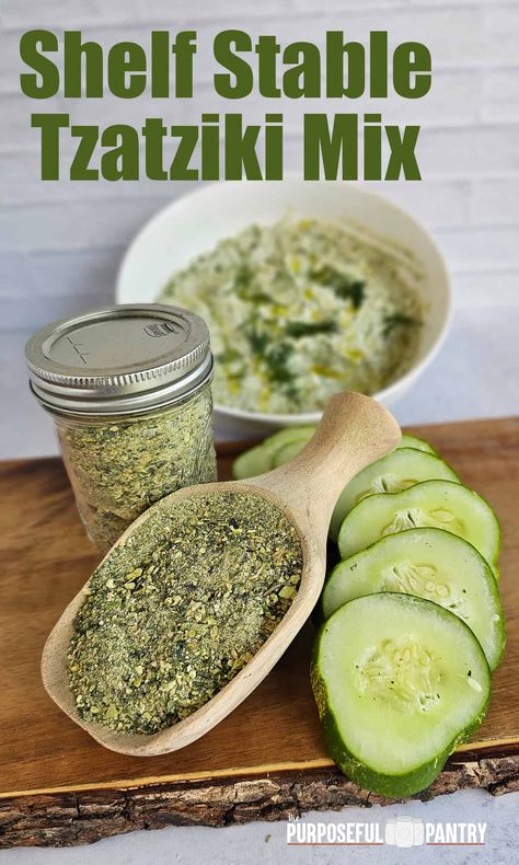 Dehydrated Tzatziki Seasoning Mix - The Purposeful Pantry Dehydrated Cucumber Recipes, Dehydrating Cucumbers, Dehydrated Cucumbers, Dehydrate Cucumbers, Dehydrated Food Recipes, Make Tzatziki Sauce, Preserving Cucumbers, Farm Pantry, Dehydrated Meals