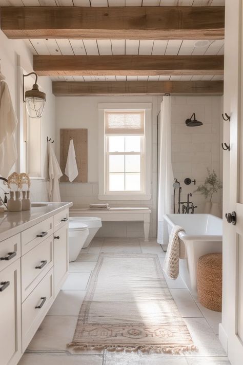 Country Living Bathroom Ideas, Modern Farm Bathroom Design, White Bathroom With Wood Accents, Neutral Farmhouse Bathroom, European Farmhouse Bathroom, White Wood Bathroom, Cottage Bathroom Inspiration, Modern Cottage Bathroom, Taupe Bathroom