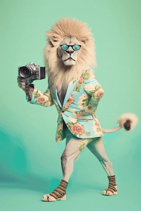 is an inventive artwork that masterfully intertwines the commanding presence of a lion with the stylish essence of fashion photography. In this piece, the regal feline holds a camera, merging the wild and the world of haute couture in a single captivating frame. The composition juxtaposes the lion's raw power with its newfound creative role, symbolising the boundless potential of nature and art. Jungle Classroom, Animal Dress Up, Portraits Art, Animal Portraits Art, Zebras Animal, Animal Portraits, Powerful Art, Lowbrow Art, Bee Art