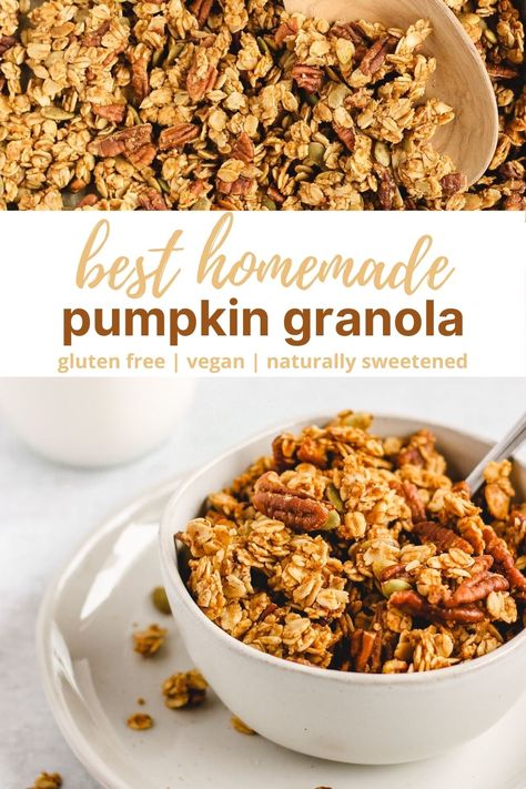 Pumpking spice granola, anyone? This is the best homemade pumpkin granola recipe. This easy, healthy granola recipe is naturally sweetened, gluten free, vegan and full of pecans and pumpkin seeds - a real, clean eating granola recipe at it's best. #cleaneatingbreakfast #easyhealthygranola #glutenfreevegangranola Pumpkin Spice Granola Healthy, Homemade Pumpkin Granola, Granola With Pumpkin Seeds, Pumpkin Seed Granola Recipe, Keto Pumpkin Granola, Healthy Pumpkin Granola, Pumpkin Granola Healthy, Pumpkin Spice Granola Recipe, Easy Healthy Granola Recipe