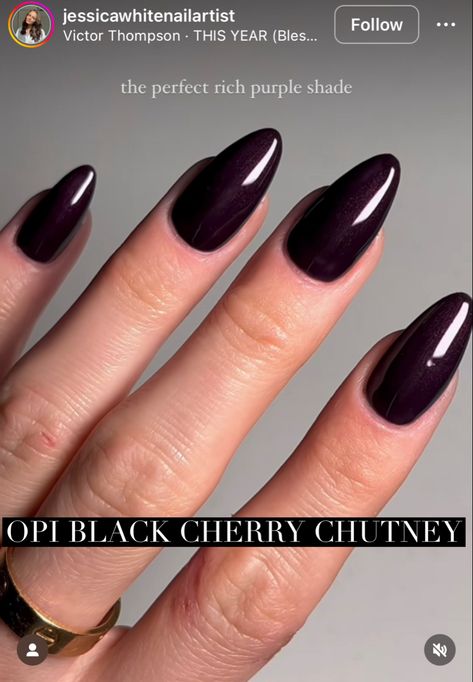 Dark Plum Acrylic Nails, Dark Nails For Wedding, Dark Polish Nails, Opi Cherry Chutney, Dark Opi Colors, Dark Opi Nail Colors, Black Cherry Nails Almond, Black Opi Nail Polish, Black Cherry Chutney Nails