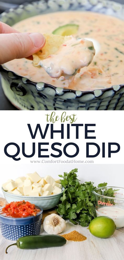 If you are looking for a rich and flavorful party dip, you need to try this white queso dip recipe! This cheese-based dip is rich, creamy, and full of bright and spicy flavors. It is easy to make and can be served immediately or saved for later if you want to make it ahead of time. I love to make it for game day too! Best White Queso Dip, Homemade White Queso Dip, Homemade White Queso, White Queso Dip Recipe, White Queso Recipe, Queso Dip Recipe, White Queso Dip, White Queso, Queso Dip Recipes