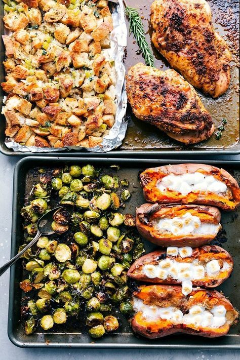 An ENTIRE Thanksgiving Dinner (turkey breast, gravy, candied sweet potatoes, dressing, and Parmesan Brussels sprouts) all made on two sheet pans. Recipe via chelseasmessyapron #recipes #ideas #menu #easy #small #tablefood #fortwo #simple #mini #brussels #stuffing #sweetpotato #turkey #gravy #onesheetpan #thanksgiving #dinner Thanksgiving For Two, Parmesan Brussels Sprouts, Thanksgiving Dinner For Two, Easy Thanksgiving Dinner, Food Thanksgiving, Chelsea's Messy Apron, Easy Thanksgiving Recipes, Candied Sweet Potatoes, Sheet Pans