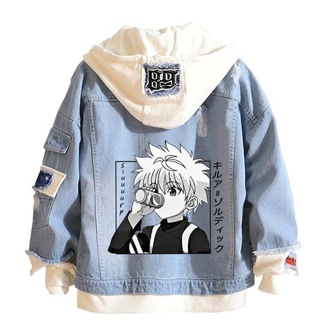 Denim Jacket Man, Patchwork Denim Jacket, Anime Hunter, Denim Hoodie, Baby Boy Jackets, Killua Zoldyck, Jean Jacket Men, Printed Denim Jacket