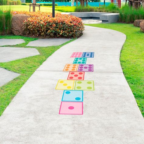 "Make your own Sensory Path Hopscotch game with our textured dice floor decals! They are removable and won't leave any sticky residue. Message me if you have any questions or need a different size! Each dice is 9\" Wide - Set of 10 large decals Floor Decals can be applied to most surfaces: Concrete Pavement/Asphalt Pavers Carpet Tile Etc. Make sure the surfaces below are in good shape (not brittle or flaking) before application: Sealed or painted smooth concrete Laminate flooring Hard wood floors Painted Decks Linoleum **Do not stick to painted walls **These are single use decals. Once they are pulled up, the adhesive will no longer be sticky.**" Creative Hopscotch Ideas, Hopscotch Ideas Sidewalk Chalk, Fun Chalk Ideas, Painted Decks, Hopscotch Game, Playground Painting, Concrete Pavement, Sensory Pathways, Fun Chalk Art