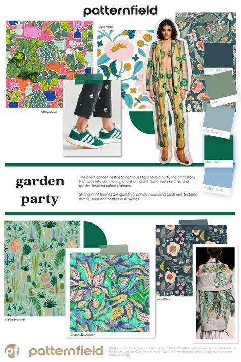 The great garden aesthetic continues to inspire a nurturing print story that taps into community and sharing with botanical sketches and garden inspired colour palettes. Strong print themes are garden graphics, nourishing pastimes, textured motifs, seed and botanical drawings. #trends #2024trendboard #moodboard #2024 #surtex #surtex2023 #patternfield #printandpattern #surfacepatterndesign #artbuyers #fashiontrend #textiledesign 2024 Moodboard Fashion, 2023 Pattern Trends Forecast, Wgsn Print Trend 2024, Fashion Collection Moodboard Inspiration, Print Trends 2023 Wgsn, Textile Print Trends 2023, Fashion Collection Themes Inspiration, Trending Prints 2024, Prints 2024 Trend