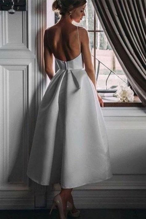 White Unique Tea Length Satin Party Dress, Spaghetti Straps Backless P – Simibridaldresses Mode Prints, Tea Length Wedding, Beautiful Black Dresses, Wedding Dress Guide, Gaun Fashion, Prom Dresses With Pockets, White Prom Dress, Dress Guide, Prom Dresses For Teens