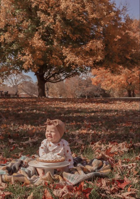 1st Birthday Picture Ideas Fall, 1st Birthday Photoshoot November, Fall First Birthday Photoshoot Outside, Outdoor Fall 1st Birthday Pictures, First Birthday Pie Smash, 1st Birthday Pie Smash, Fall Theme First Birthday Photoshoot, Fall Themed 6 Month Pictures, October 1st Birthday Photoshoot