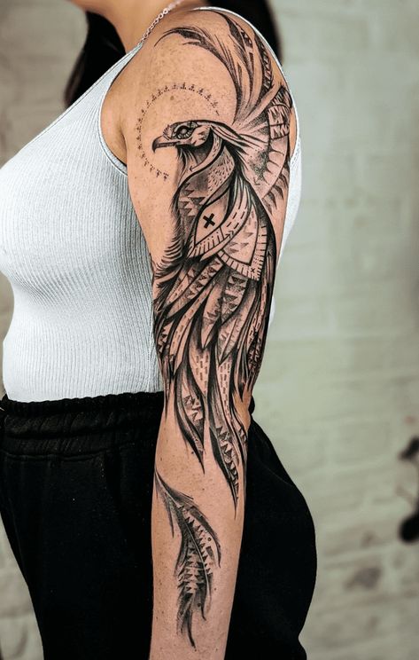 Phoenix Tattoo Design Images (Phoenix Ink Design Ideas) Peacock Tattoo Sleeve, Phoenix Tattoo Arm, Phoenix Tattoo Sleeve, Half Arm Sleeve Tattoo, Phoenix Tattoo Ideas, Phoenix Tattoo Feminine, Minimal Tattoo Designs, Arm Sleeve Tattoos For Women, Minimal Tattoo Ideas